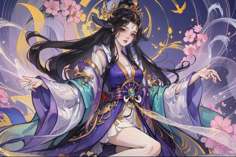 Best quality at best, 超高分辨率, (((1 girl, fullbody image))),(Long black hair), game fairy, Hanfu, Yarn, Flowing light yarn, jewelr...