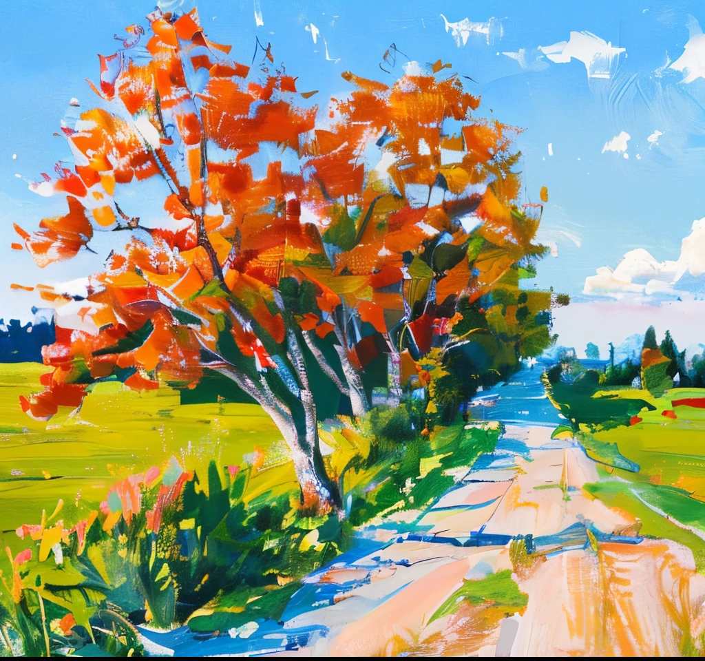 draw a road，There are trees and grass on both sides, oil painted, There are trees, written on white thin color,Overgrown weeds on both sides of the stone road，some trees in the corner,