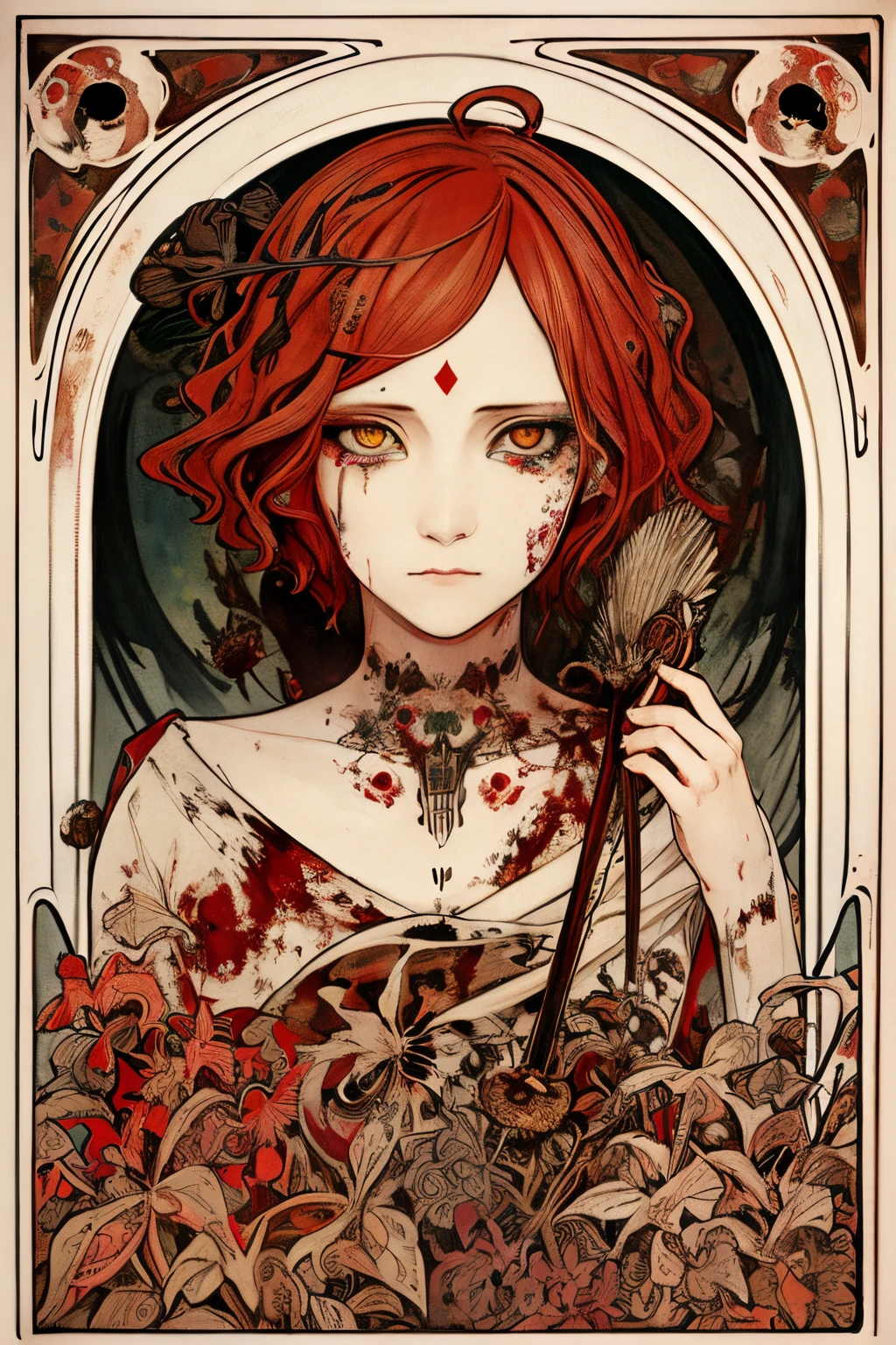 SFW,masutepiece, Best Quality, High resolution, 1girl, upper body, Details , detail hands, Detail fingers, Detail Face, detail legs, watercolor paiting, in graveyard, red hair, bobcut, wavy hair, tattered clothes, yellow eyes, zombie, skull, bone, (art nouveau:1.25), Maximalism artstyle, neon theme, suprematism, crying, beautiful detailed eyes, hyper detailed, beautifuly color, high details, high quality, back light, upper body, high quality, hair with body, cluster amaryllis, rotungwoka person, bow, in village, dead flower, bloody, indian, native american, feather, wing, plume