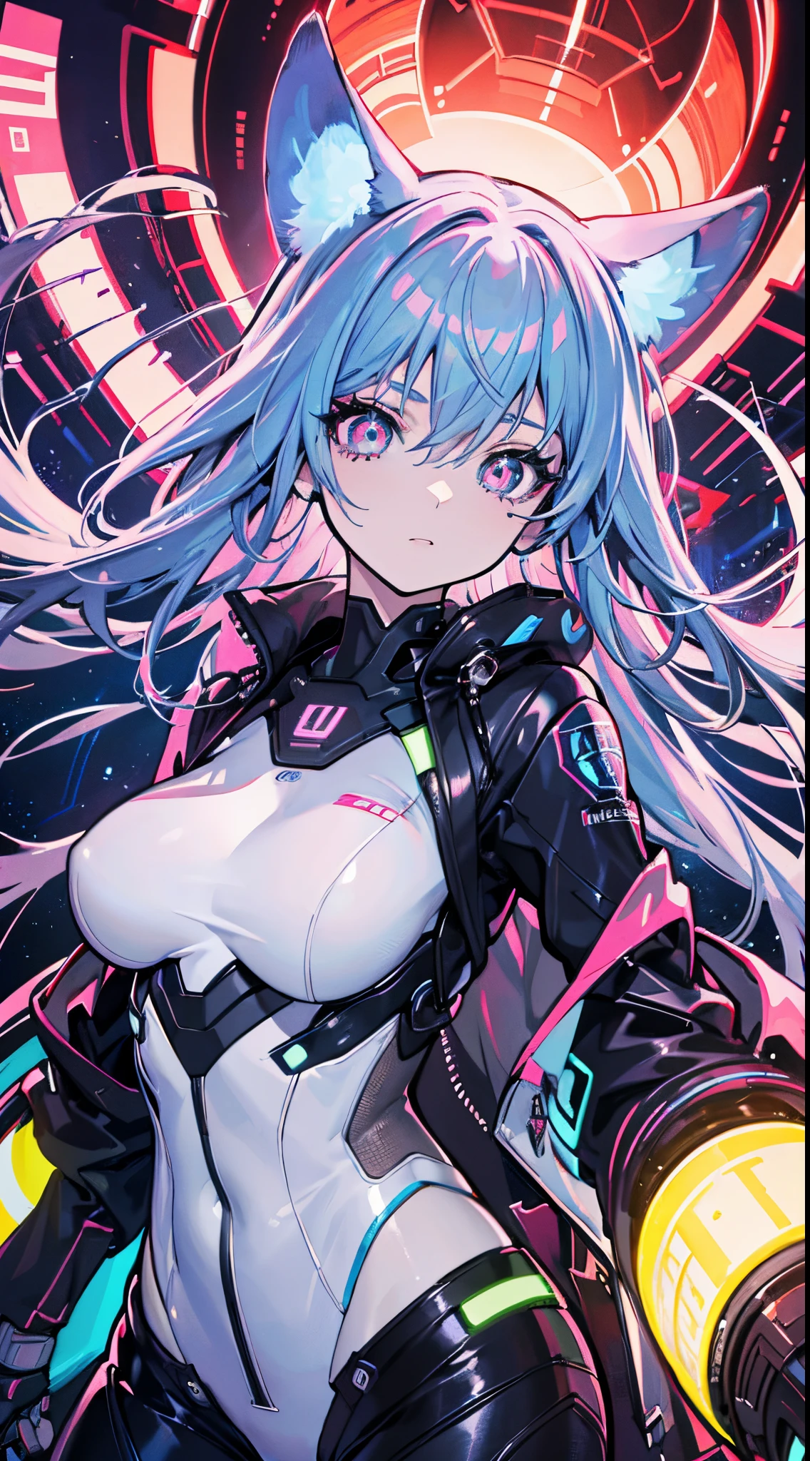 glowing eyes, colourful glowing hair, wearing sci-fi jacket, anime style, high detail, Futurism, glowing light, UHD, retina, masterpiece, ccurate, anatomically correct, textured skin, super detail, high details, high quality, award winning, best quality, highres