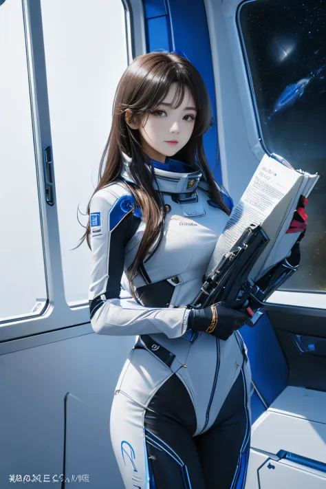 Space travel girl, carrying guns (spaceship window)、Super Color Texture、8K、(Beautiful Earth、inscription)