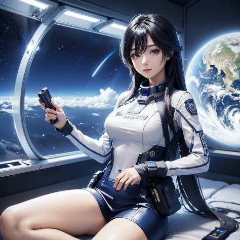 space travel girl, carrying guns (spaceship window)、super color texture、8k、(beautiful earth、inscription)