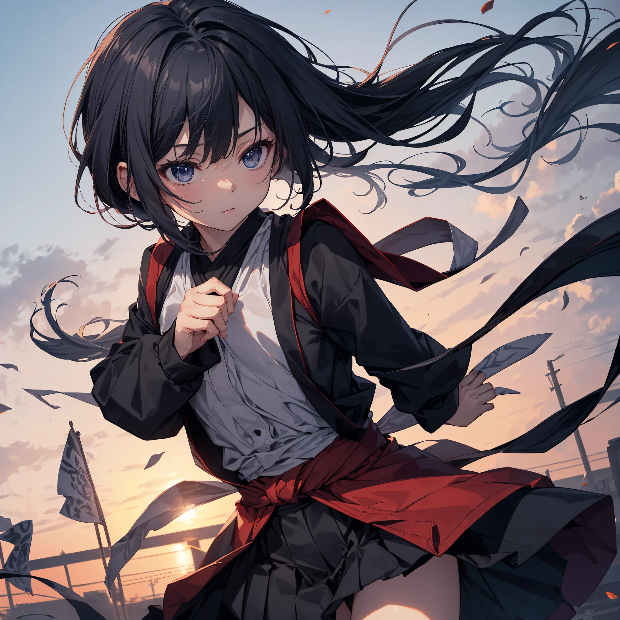 What is a ninja?、... It's cool and... quick.！Best Ninja quality, anime moe art style,Best Anime 8K Konachan Wallpapers,Badass Anime 8K,Perfect Anatomy, (Please draw a picture of a ninja girl standing on a pole.), From  above,BREAK, Hello...1girl is a ninja, (Solo,,,12year old:1.3), Androgynous attraction, (Very short hair, Blunt bangs), Full limbs, complete fingers,flat chest, Small butt, groin, Finely detailed 8K beautiful black eyes, (Sleeveless half jacket),Obi,ninja hakama, Ninja scarf fluttering in the wind,Leaning forward,Looking down,BREAK,Ultra-detailed,High resolution,super detailed skin, Best lighting by professional AI, Illustration,