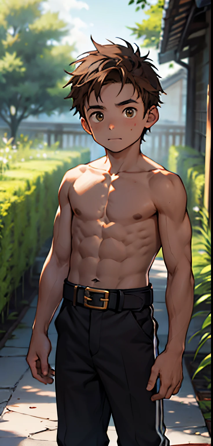 Anime guy with no shirt standing in front of a house - SeaArt AI