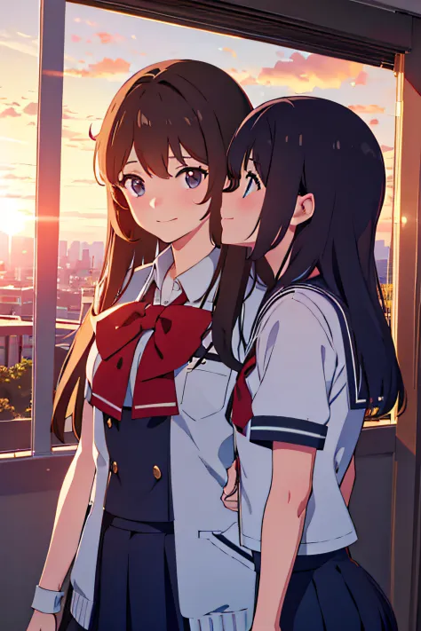 (masutepiece, Best Quality), 超A high resolution,2girls, School uniform, Sunset, Looking at each other, Embarrassed smile,