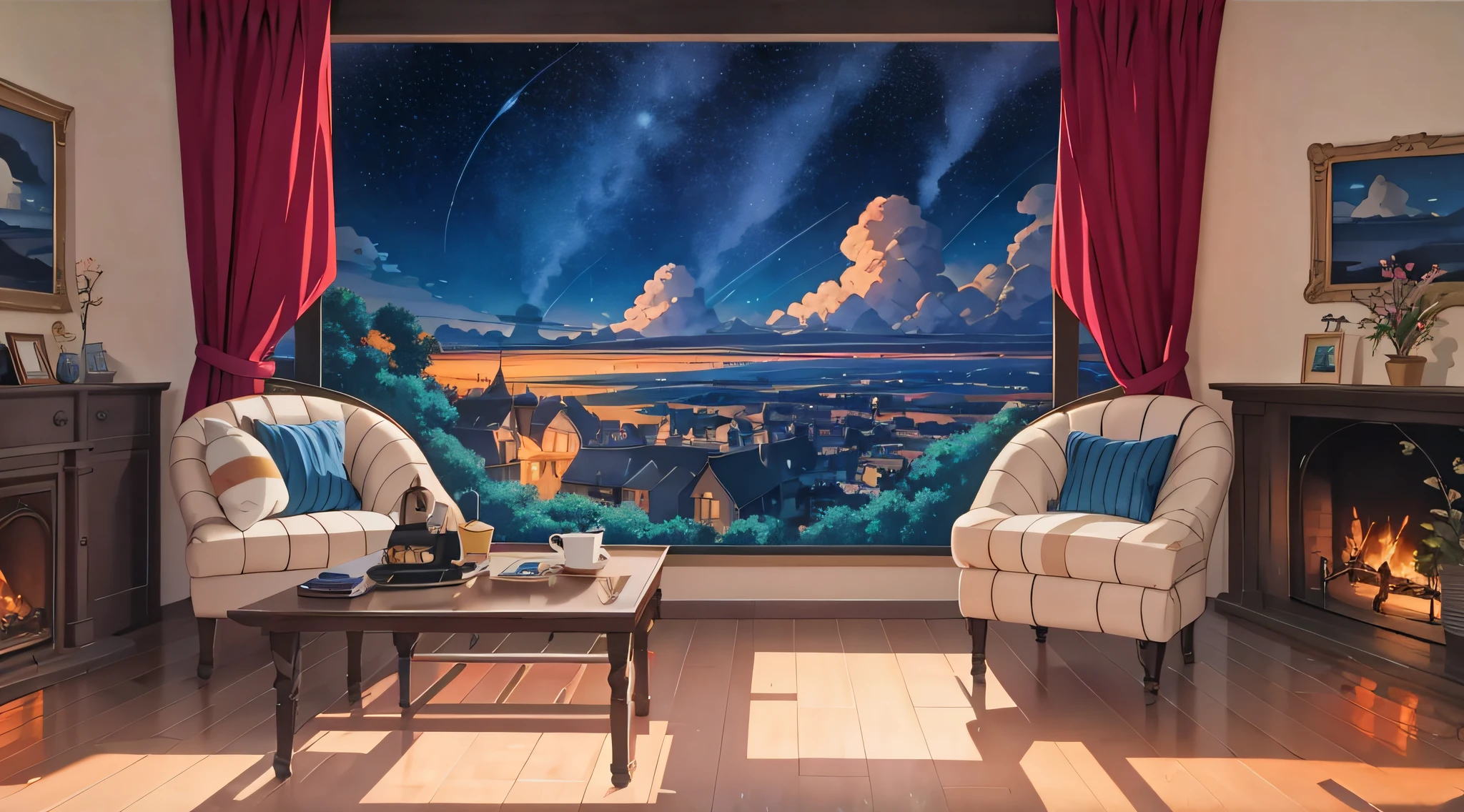 Photo of room with fireplace, Relaxing concept art, Anime background art, Arte conceitual de inverno, Personal room background, anime backgrounds, Anime landscape concept art, Home page background, Starry sky environment in moonlight, beautful view, concept art magical highlight, cozy cafe background, Open window ib background, Anime beautiful peaceful scene, bedroom background，There are no personas