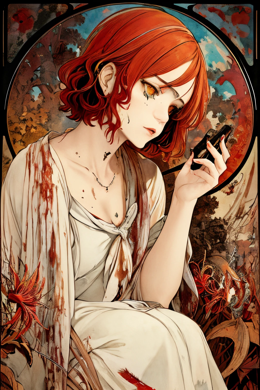 SFW,masutepiece, Best Quality, High resolution, 1girl, upper body, Details , detail hands, Detail fingers, Detail Face, detail legs, watercolor paiting, in graveyard, red hair, bobcut, wavy hair, tattered clothes, yellow eyes, zombie, skull, bone, (art nouveau:1.25), Maximalism artstyle, neon theme, suprematism, crying, beautiful detailed eyes, hyper detailed, beautifuly color, high details, high quality, back light, upper body, high quality, hair with body, cluster amaryllis, rotungwoka person, bow, in village, dead flower, bloody, indian, native american, feather, wing, plume