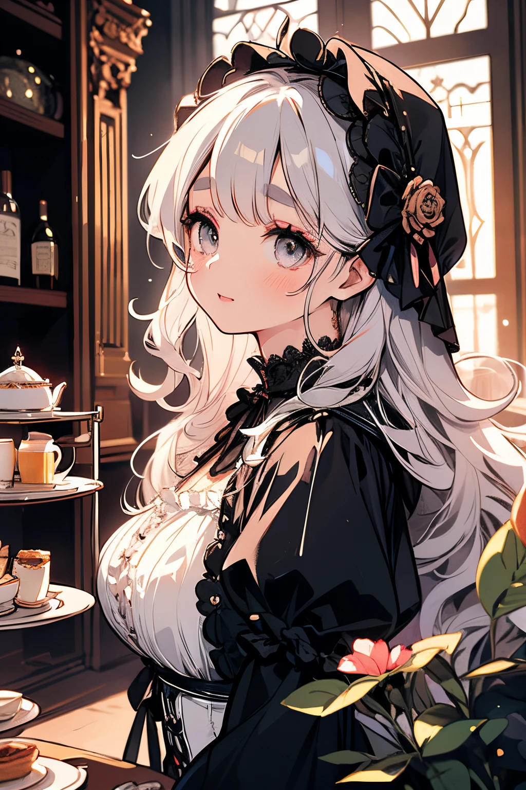 Delicate Makeup、long lashes、Victorian、Lace and ruffled dresses、Delicate lace pattern、sad thick eyebrows、a small face、Slender body、Fluffy long hair、Colossal tits 、Live-action style、Gothic lolita、corsets、pleated hood、Young woman enjoying elegant afternoon tea、wide々Enjoy in a cozy mansion、