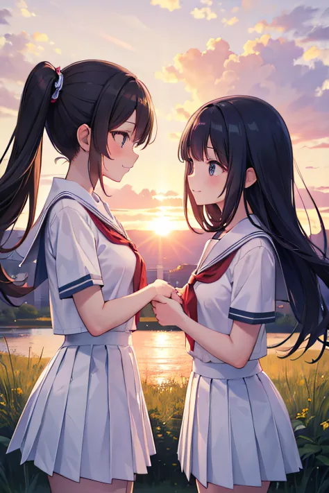 (masutepiece, Best Quality), 超A high resolution,2girls, School uniform, Sunset, Looking at each other, Embarrassed smile,