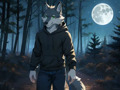 1 wolf anthro boy, grey wolf, solo, walking, forest, green eyes, wear black hoodie, blue pants, night, full moon, best quality, ...