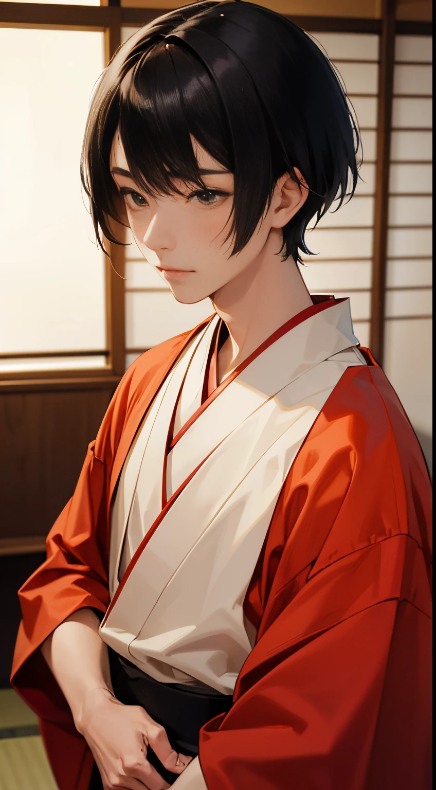 masutepiece, high-level image quality, One beautiful young man, Kimono, ryokan, Japanese-style room at the ryokan, Beautiful facial features, Accurately and beautifully depict faces and bodies, Short-haired black hair