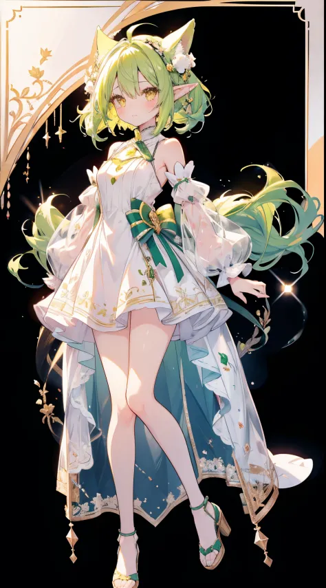this is a picture of elf girl in a white dress with hair, 1girl, white background, dress, green hair, yellow eyes, detached sleeves, blush, full body, ahoge, animal ears