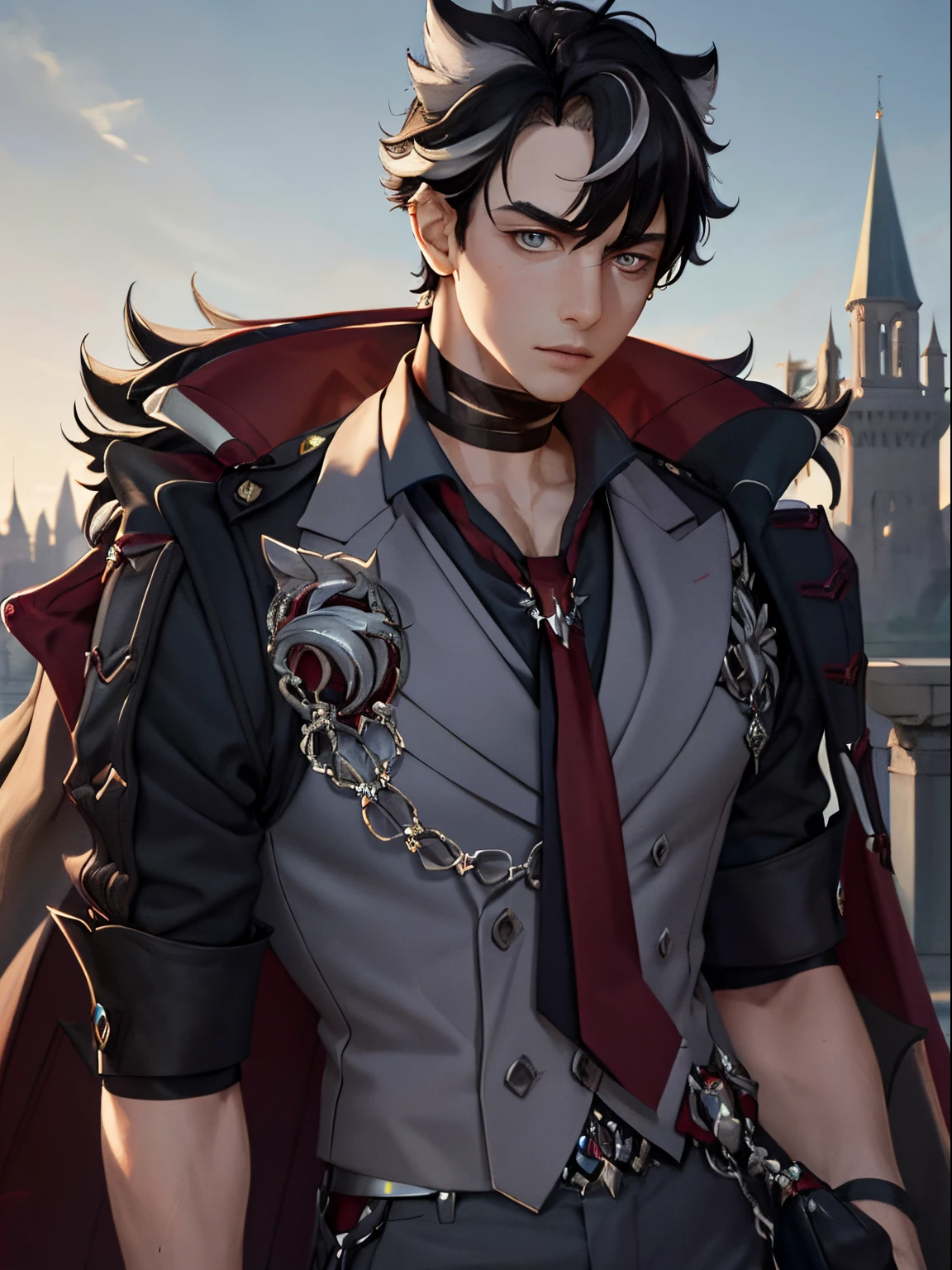 masterpiece, best quality, 1boy, wriothesley, black hair, multicolored hair, short hair, blue eyes, collared shirt, red necktie, jewelry, choker, black fur-trimmed coat on shoulders, sleeves rolled up, upper body, castle background