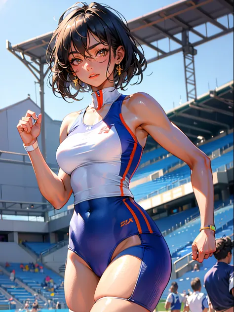 (best quality, masterpiece), 1 girl, pose, track and field athlete,large breasts,trained abs,nice legs,in track and field,detailed beautiful face,detailed eyes,detailed hair,detailed clothes,detailed realistic skins,