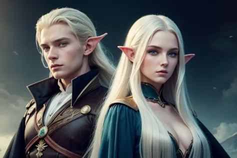 drawing of a couple of people, Beautiful and elegant elf with long white hair and blue eyes, Handsome guy man with red hair and ...