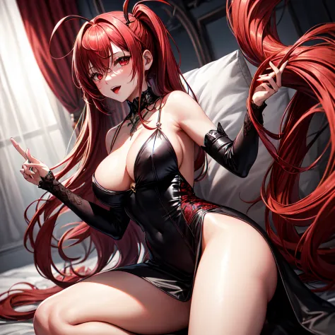 1girl, red long hair in two ponytails, red eyes, vampire queen, wearing a sexy red and black dress, ultrasharp, 8k, looking at the viewer