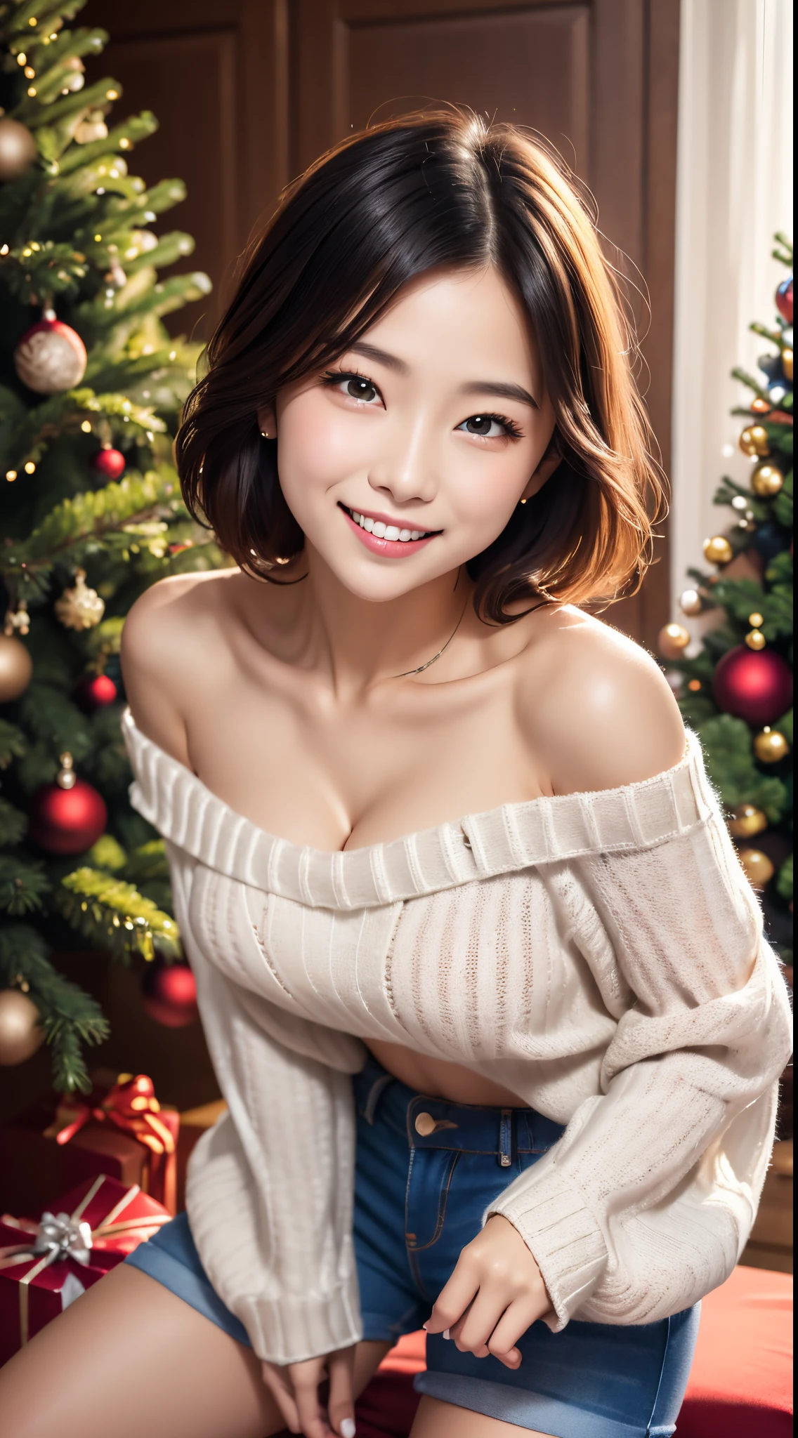 (beautiful face of young girl, Highly detailed)、 (realisitic、８K)、Single Female、22year old、 (extremely detailed CG unified 8k wallpaper)、  Professional Photography、 Realistic Photos、 (off-the-shoulder sweater:1.8)、((Smile with mouth wide open:1.6))、((winc))、 (cleavage:1.7)、（large boob）、（Futomo）、((Christmas, Christmas Ornaments, Christmas tree))、  (Jeans shorts:1.3)、、 Beautiful sunset、 depth of fields、 (View from below:1.3)、Looking at the camera、Light reflected in the eyes、