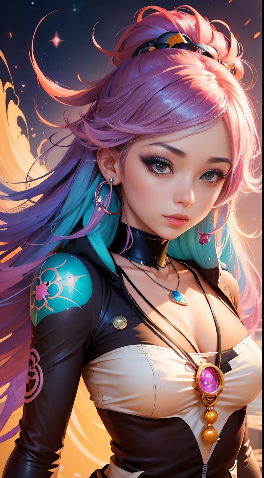 Close-up of a woman with colorful hair and necklace, anime girl with cosmic hair, rossdraws pastel vibrant, artwork in the style of guweiz, Fantasy Art Style, Colorful]", vibrant fantasy style, rossdraws cartoon vibrant, cosmic and colorful, guweiz, colorfull digital fantasy art, stunning art style, beautiful anime style