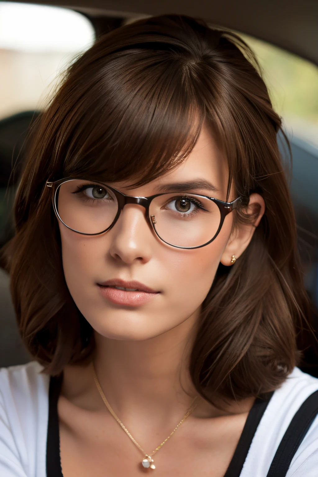 young woman with glasses and medium lenght brown hair. She wearing a dress and looks into the camera. slight smile. twin peaks.