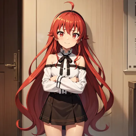 1girl, , , , (steam:1.3),10 years old, ,, ,, ,,,, , , eris boreas greyrat,closed mouth, light smile,long hair, red hair, ahoge, red eyes, black hairband,white dress, bare shoulders, neck ribbon, black ribbon, brown skirt, long sleeves,standing, looking at ...