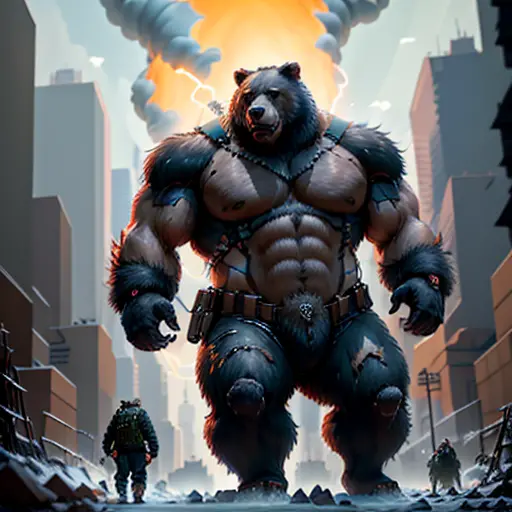 There  a bear standing in the middle of the city, Giant bears hybridize with humans, Wojtechfors, author：Adam Marchinski, King K...