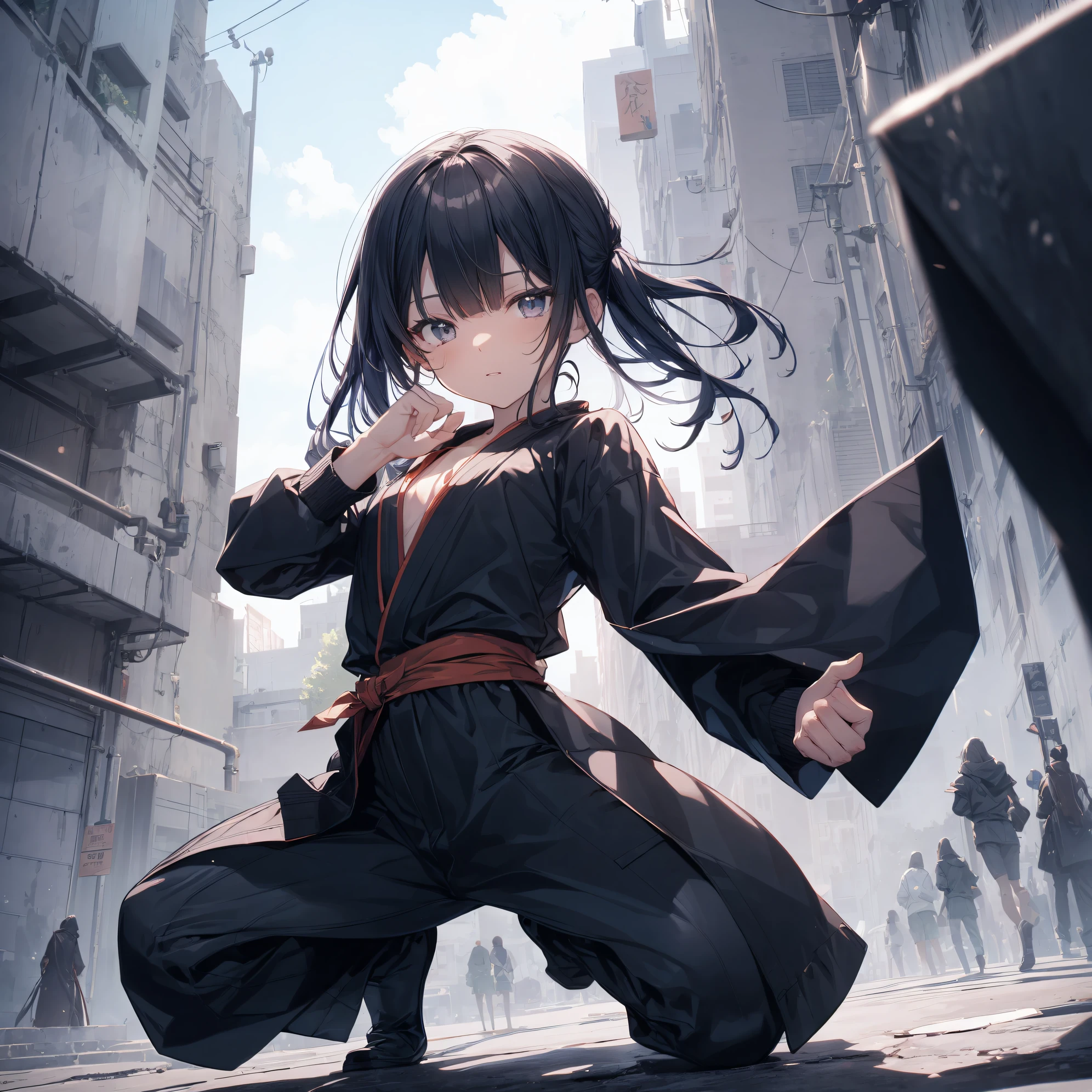 What is a ninja?、... It's cool and... quick.！Best Ninja quality, anime moe art style,Best Anime 8K Konachan Wallpapers,Badass Anime 8K,Perfect Anatomy, (Please draw a picture of a ninja girl squatting on the rooftop.), From  above,BREAK, Hello...1girl is a ninja, (Solo,Lori,child,12year old:1.3), Androgynous attraction, (Very short hair, Blunt bangs), Full limbs, complete fingers,flat chest, Small butt, groin, Finely detailed 8K beautiful black eyes, (Sleeveless half jacket),Obi,ninja hakama, Ninja scarf fluttering in the wind,Crouching,Looking down,BREAK,Ultra-detailed,High resolution,super detailed skin, Best lighting by professional AI, Illustration,