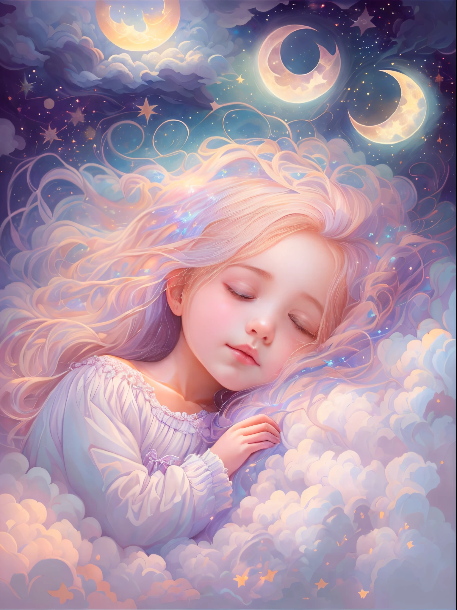 (Best quality,4K,8K,A high resolution,tmasterpiece:1.2),ultra - detailed,(actual,realistically,realisticlying:1.37),Dreamy sky,Sleeping Beauty,Fluffy clouds,As estrelas,light colors hair,Bushy hair,strands,illuminations,fairy tale painting,Amazing artwork,Luminous illumination,Enchanting art,amazing art,inspiring art,magnificent work of art,beautiful light up