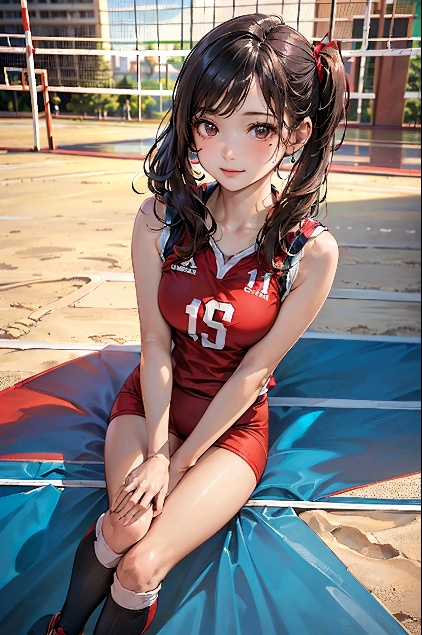 ((((anatomía perfecta, anatómicamente correcto, piel súper detallada)))), 1 chica, japonés, 16 años de edad, Jugador de voleibol, piel brillante, mirando la vista, 
cabello hermoso, Hermoso rostro, hermosos ojos detallados, Ojos cafés, (pelo largo:1.7, Cola de caballo lateral:1.5), cara de bebe, lunar debajo del ojo, 
hermosas clavículas, Cuerpo hermoso, Hermosos pechos, hermosos muslos, bonitas piernas, pechos grandes:0.5, Muslos seductores, cameltoe, brazos desnudos, manos desnudas, sin fondo, 
((tela simétrica, volea roja_uniform, Sin mangas, volea rojaball uniform, rojo marrón)), 
sonrisa, sentado en el suelo, ((((Pierna M, difundir un hermoso paisaje), mañana, ((dentro del campo de voleibol)), 
(8K, de primera calidad, masterpiece​:1.2, extremadamente detallado), (Fotorrealista:1.2), hermosa ilustración, iluminación natural,