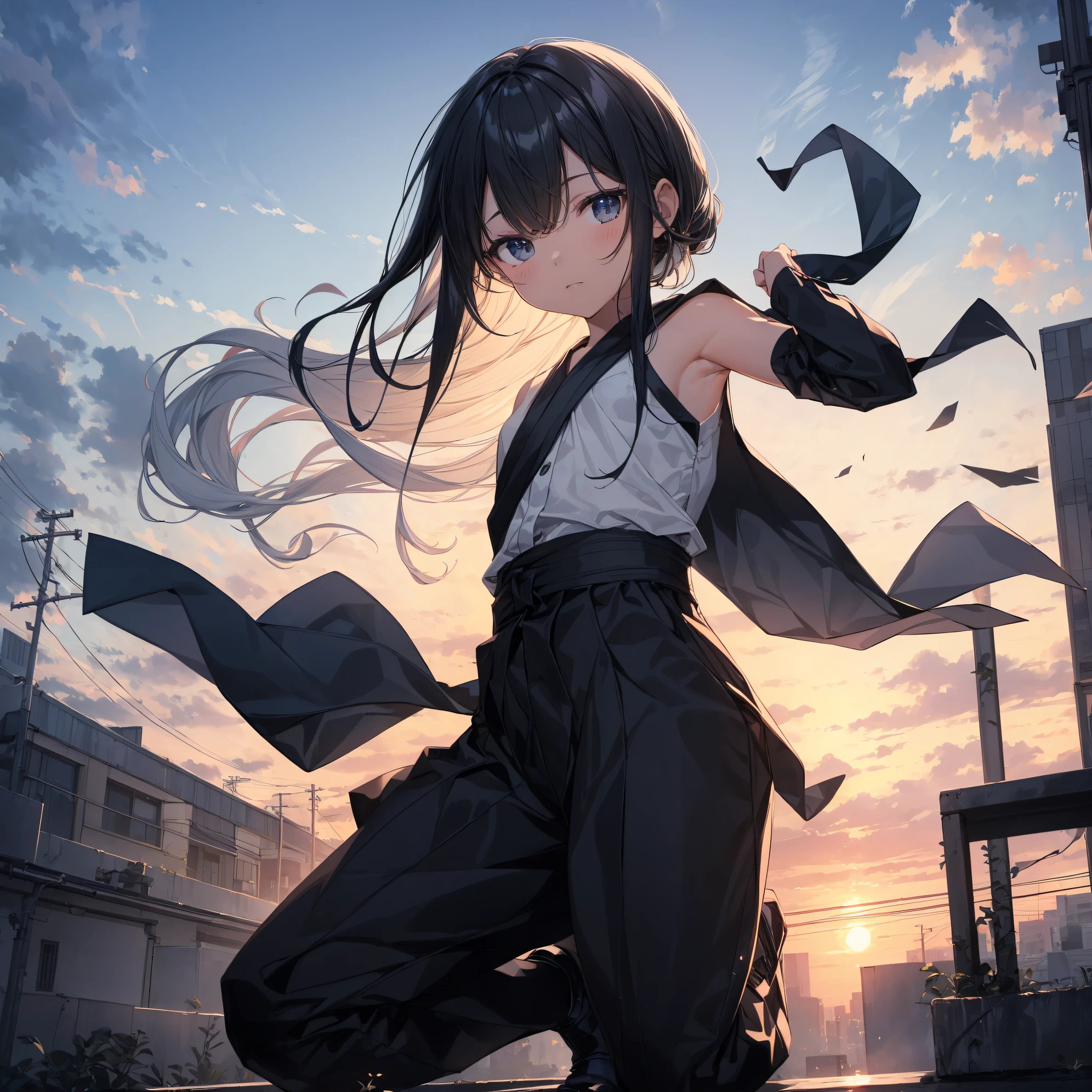 What is a ninja?、... It's cool and... quick.！Best Ninja quality, anime moe art style,Best Anime 8K Konachan Wallpapers,Badass Anime 8K,Perfect Anatomy, (Please draw a picture of a ninja girl squatting on the rooftop overlooking the city.), From  above,BREAK, Hello...1girl is a ninja, (Solo,Lori,child,12year old:1.3), Androgynous attraction, (Very short hair, Blunt bangs), Full limbs, complete fingers,flat chest, Small butt, groin, Finely detailed 8K beautiful black eyes, (Sleeveless half jacket),Obi,ninja hakama, Ninja scarf fluttering in the wind,Crouching,Looking down,BREAK,Ultra-detailed,High resolution,super detailed skin, Best lighting by professional AI, Illustration,