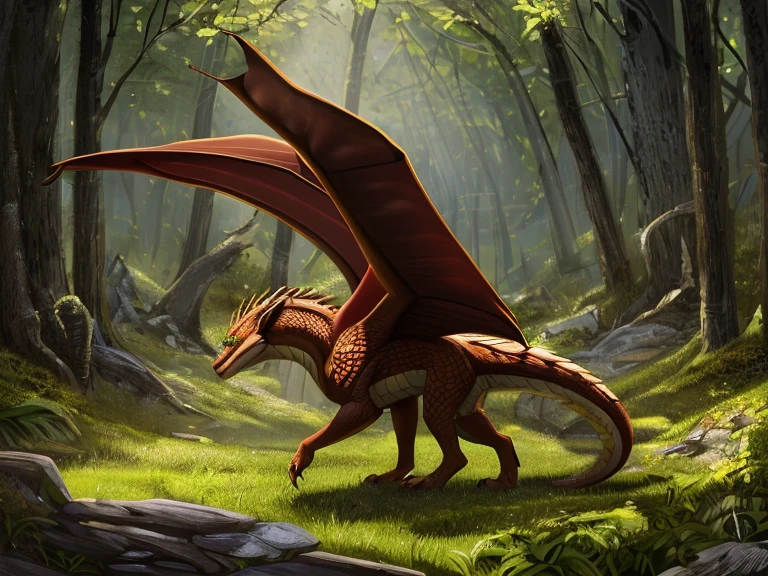 feral, brown dragon, wings, scales, looking at viewer, paws, claws, green eyes, walking, best quality, shaded, extreme detail, highly detailed, ultradetailed, intricate, detailed background, high res, forest, artwork, Masterpiece