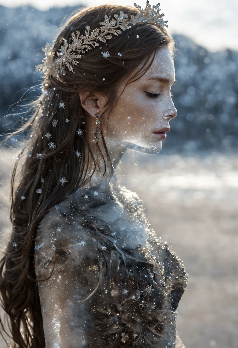 female portrait in profile of black sand on glass, scattered on glass, long hair of brown sand,Tiara on the head, rhinestones in the hair, clear focus, on top of the sand on the silhouette , and little Snowflakes, gray Winter patterns fairytale on the background of glass, silhouette close-up, you can see grains of sand, sand figure, loose sand