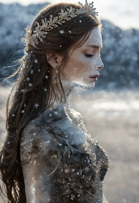 female portrait in profile of black sand on glass, scattered on glass, long hair of brown sand,tiara on the head, rhinestones in...