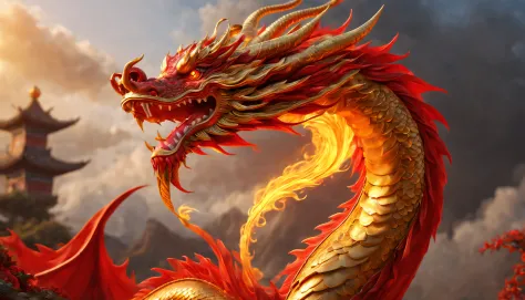 There  a fiery red Chinese dragon in the sky，long，gold eyes，Curly and powerful dragon tail，Vivid colors and intricate details，illuminated by soft golden light，(Best quality at best,4K,8K,A high resolution,tmasterpiece:1.2),ultra - detailed,actual