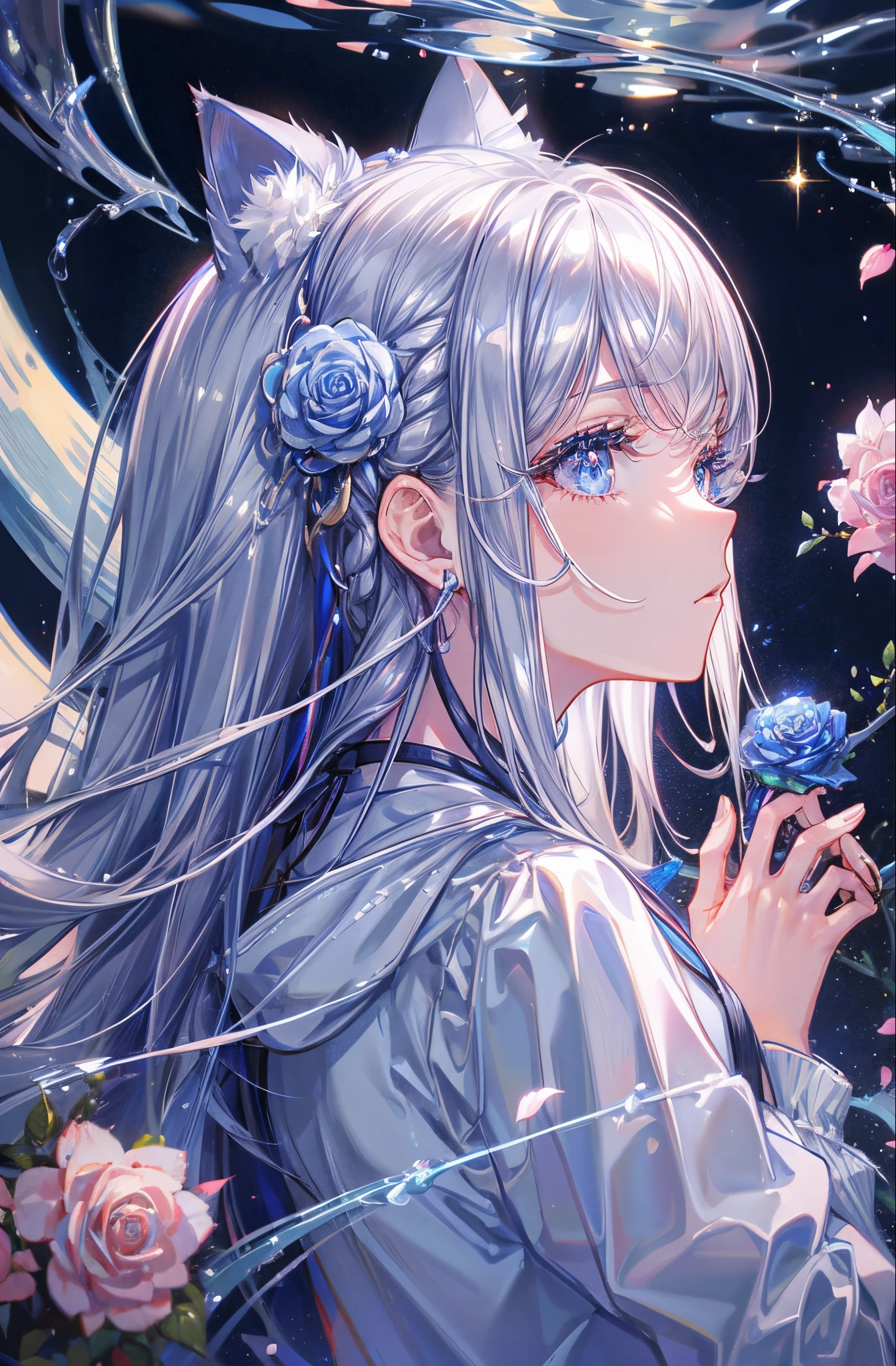 1 girl in、Eyes full of hope、Looking here、profile、eyelids rose、Gray hair、Silver Long Hair、Blue eyes、On the sides of the head are attached a golden cat-shaped kanzashi