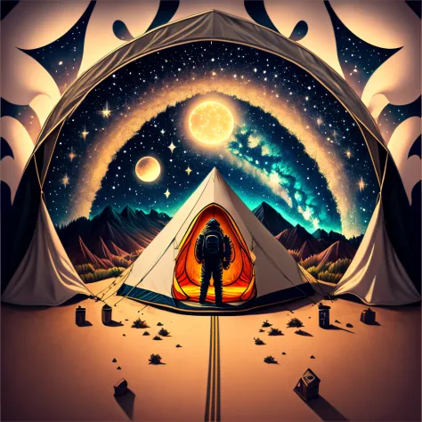 Tattoo depicting an astronaut, a cat, a tent, a road and a starry sky