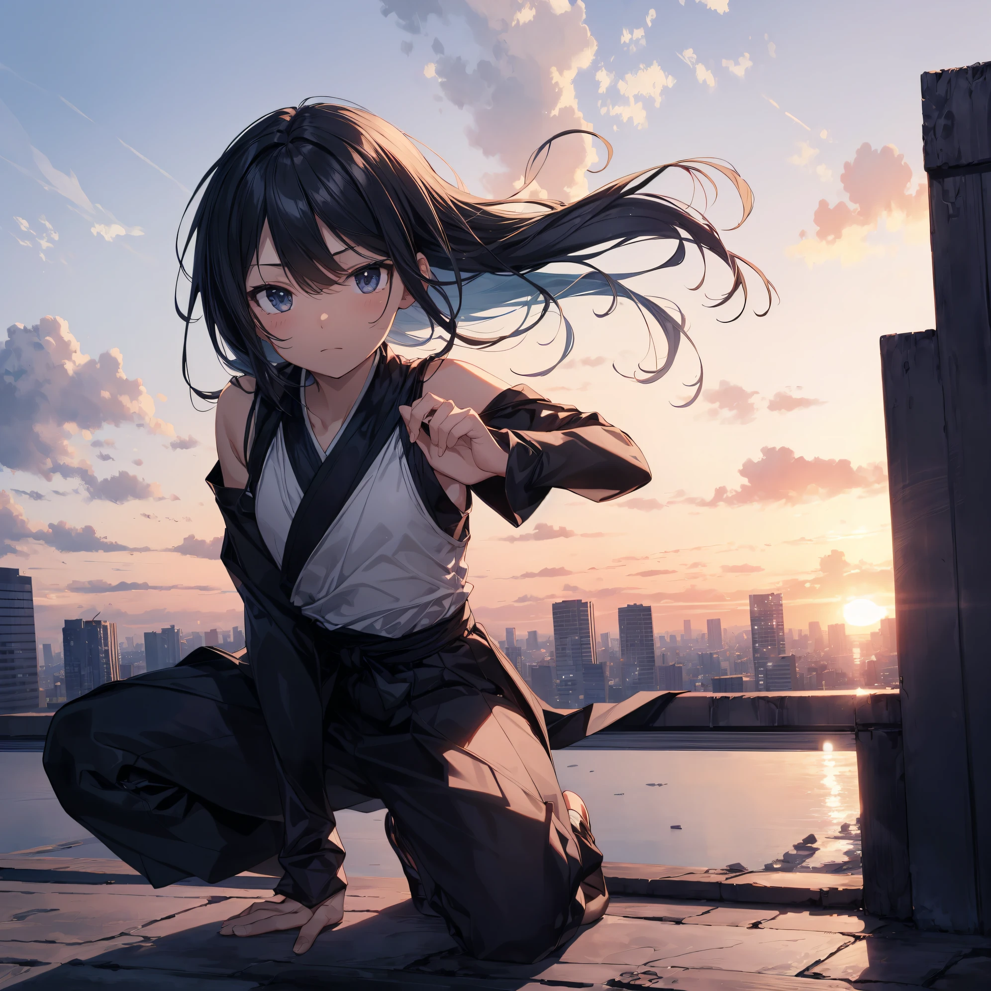 What is a ninja?、... It's cool and... quick.！Best Ninja quality, anime moe art style,Best Anime 8K Konachan Wallpapers,Badass Anime 8K,Perfect Anatomy, (Please draw a picture of a ninja girl squatting on the rooftop overlooking the city.), From  above,BREAK, Hello...1girl is a ninja, (Solo,Lori,child,12year old:1.3), Androgynous attraction, (Very short hair, Blunt bangs), Full limbs, complete fingers,flat chest, Small butt, groin, Finely detailed 8K beautiful black eyes, (Sleeveless half jacket),Obi,ninja hakama, Ninja scarf fluttering in the wind,Crouching,Looking down,BREAK,Ultra-detailed,High resolution,super detailed skin, Best lighting by professional AI, Illustration,