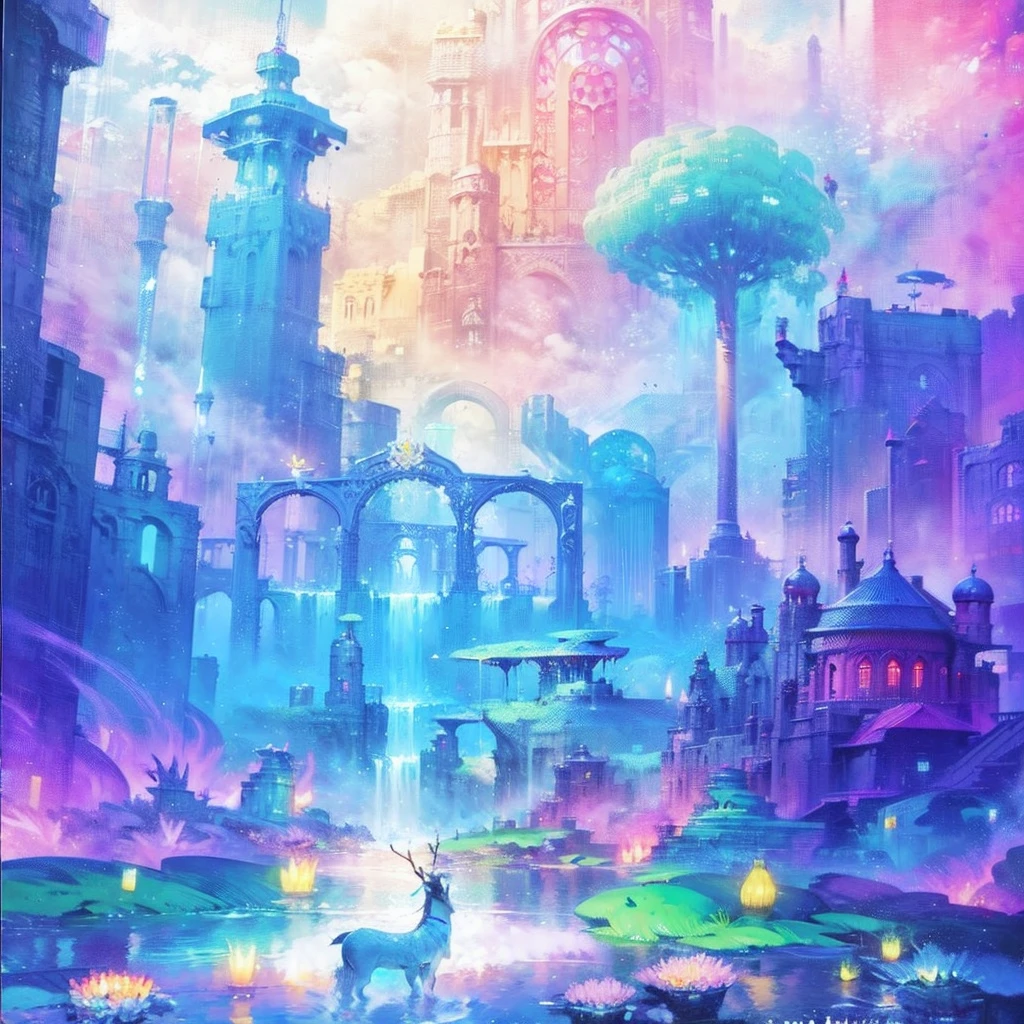 Painting of fantasy city with fountain and deer, magicle world. Colorful, Colorful concept art, The magic fantasy  very detailed, fantasy painting style, intricate rainbow environment, magical city, detailed dreamscape, Chuanghui Digital Fantasy Art, fantasy city background, Fantasy City, magical background, In front of a fantastic city, detailed fantasy digital art, magical colors and atmosphere