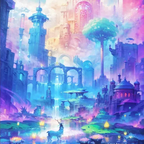 Painting of fantasy city with fountain and deer, magicle world. Colorful, Colorful concept art, The magic fantasy  very detailed...
