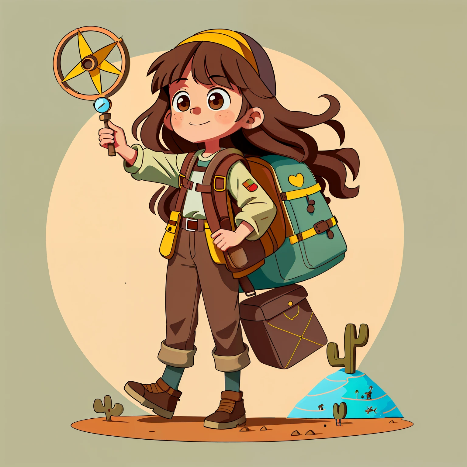 Girl with long brown hair，Adventure costumes，trouser，Carrying a large backpack，bivouac，A desert（There  an oversized compass on the back）（hold love in hands）in the early morning，（There  love）Happy，Surrounded by love，Surrounded by love，O sign，vector，line art，designs，inspiration，straight line，RHAD