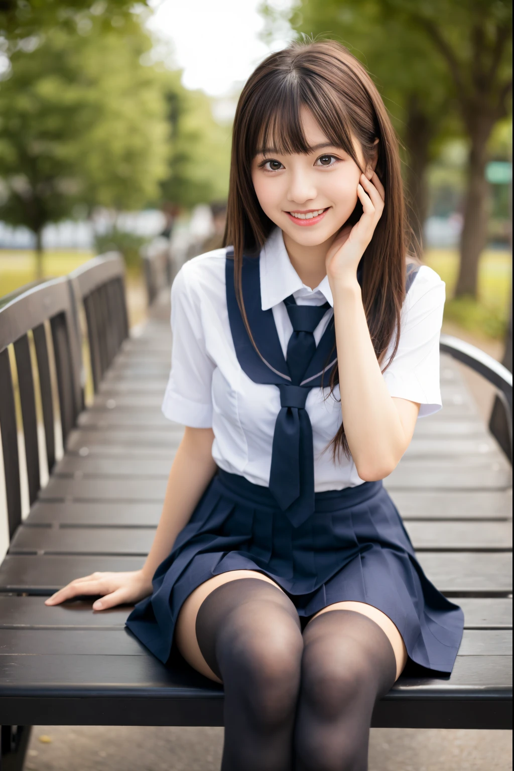 Arafed asian woman in a school uniform sitting on a bench - SeaArt AI