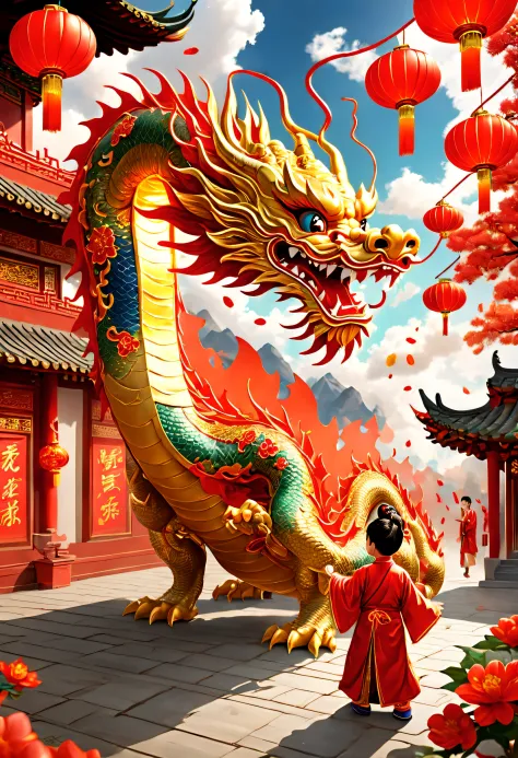 3D character rendering，((In the center of the picture，A gorgeous Chinese dragon  displayed in front of people，This dragon&#39;s scales sparkle，Wearing colorful dragon robe，Precious gems and jewels are embedded everywhere，Shimmering with dazzling light。drag...