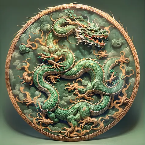 (Masterpiece), 1 round jade wall piece, carved (Chinese Dragon: 1.5), (made of jade and gold, matte finish, worn), (traditional carving, etching technique), It  in the collection of the Metropolitan Museum of Art , product aesthetic lenses, Chinese style, ...