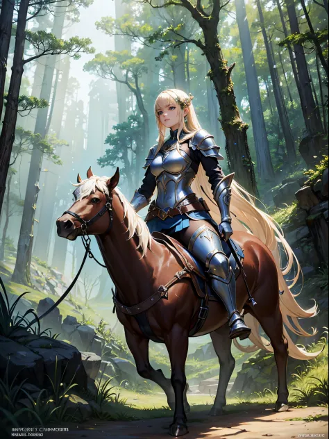 Wearing armor in the forest、Blonde woman holding,Blue pupil，beautiful teenage girl， epic fantasy digital art style, detailed fan...