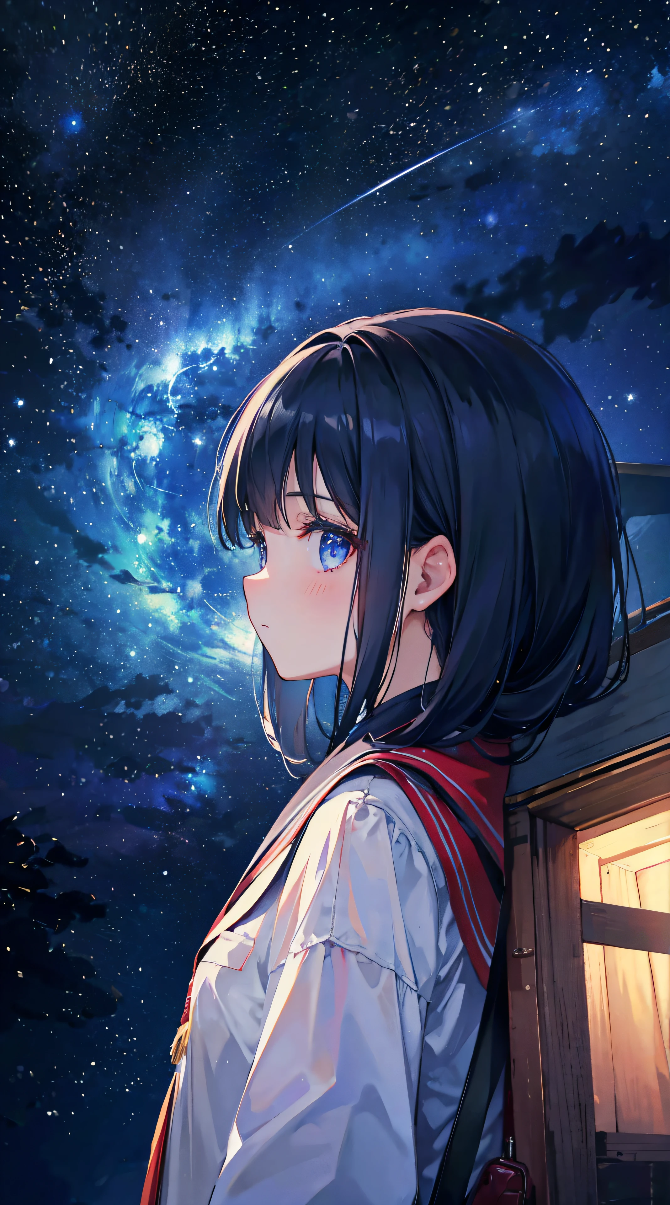 Girl staring at the stars，（Side view：1.4），eyes focus，Perfectcomposition，，8K，ultra - detailed，tmasterpiece，Accurate，Detailed pubic hair，