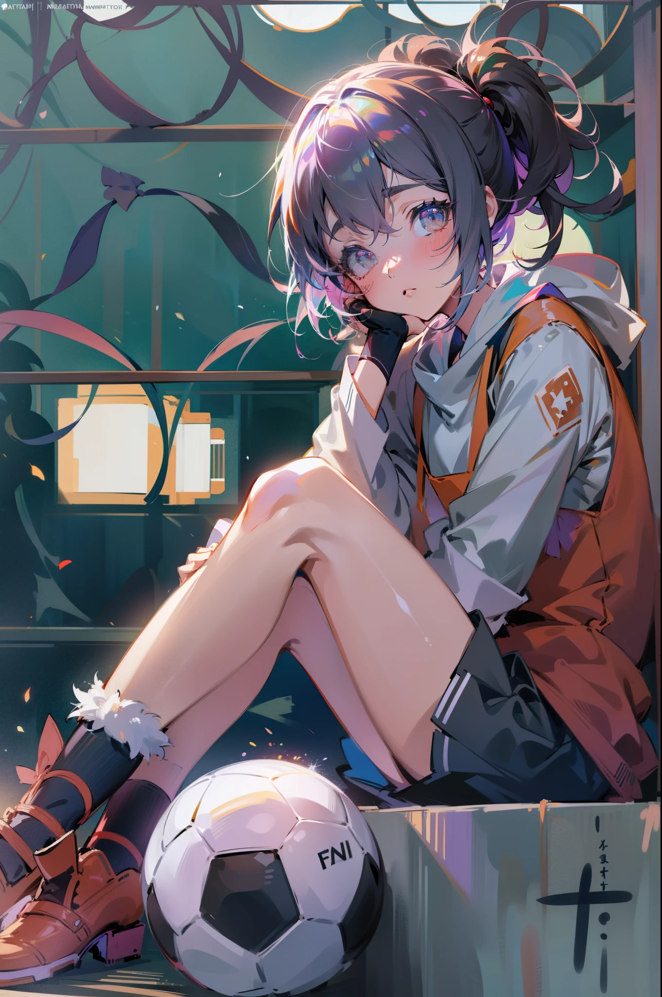 chef-d&#39;œuvre, Meilleure qualité, Haute qualité, ultra détaillé, Anime girl assise sur un rebord avec un ballon de football à la main, style artistique anime moe, Tendances sur ArtStation pixiv, Style de collection Kantai, art animé de haute qualité, portrait en pied d&#39;un petit!, Style animé 4K, Les mieux notés sur Pixiv, (fille animée), Guweiz dans Pixiv ArtStation, fond d&#39;écran d&#39;art animé 8K