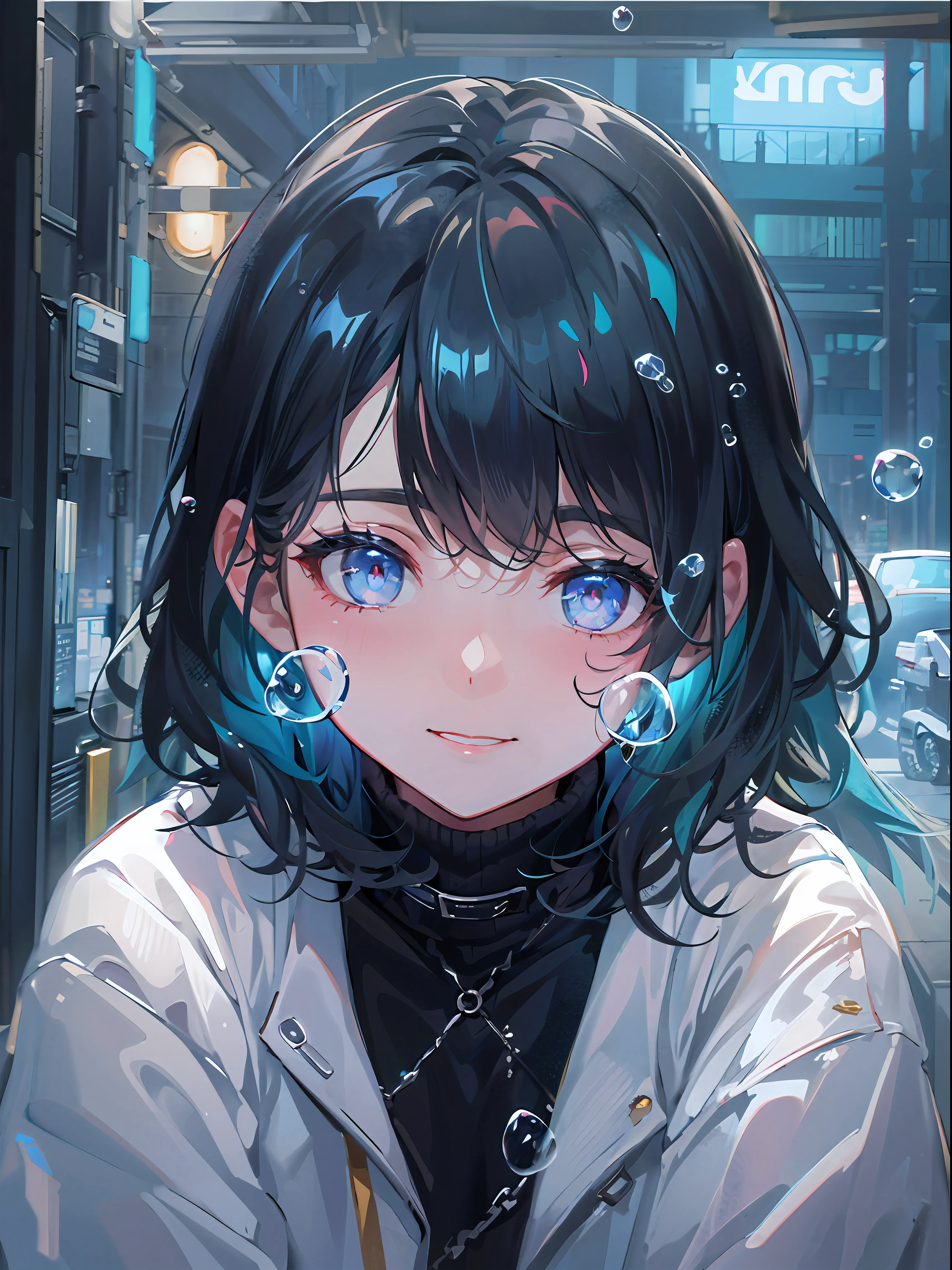 ((top-quality)), ((​masterpiece)), ((Ultra-detail)), (extremely delicate and beautiful), girl with, solo, cold attitude,((Black jacket)),She is very(relax)with  the(Settled down)Looks,A darK-haired, depth of fields,evil smile,Bubble, under the water, Air bubble,bright light blue eyes,Inner color with black hair and light blue tips,Cold background,Bob Hair - Linear Art, shortpants、knee high socks、Camisole inner shirt、White uniform