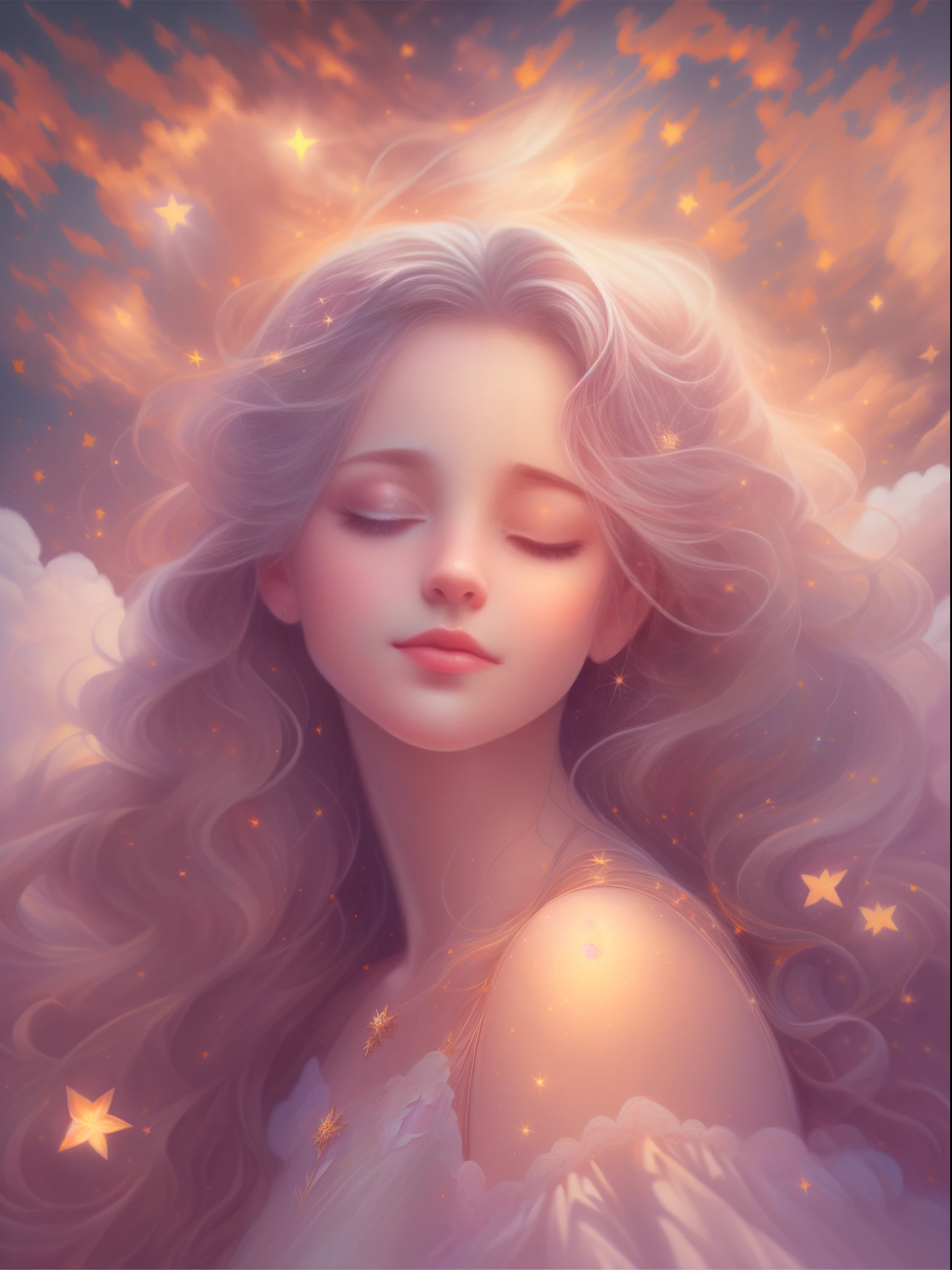 (Best quality,4K,8K,A high resolution,tmasterpiece:1.2),ultra - detailed,(actual,realistically,realisticlying:1.37),Dreamy sky,Sleeping Beauty,Fluffy clouds,As estrelas,light colors hair,Bushy hair,strands,illuminations,fairy tale painting,Amazing artwork,Luminous illumination,Enchanting art,amazing art,inspiring art,magnificent work of art,beautiful light up