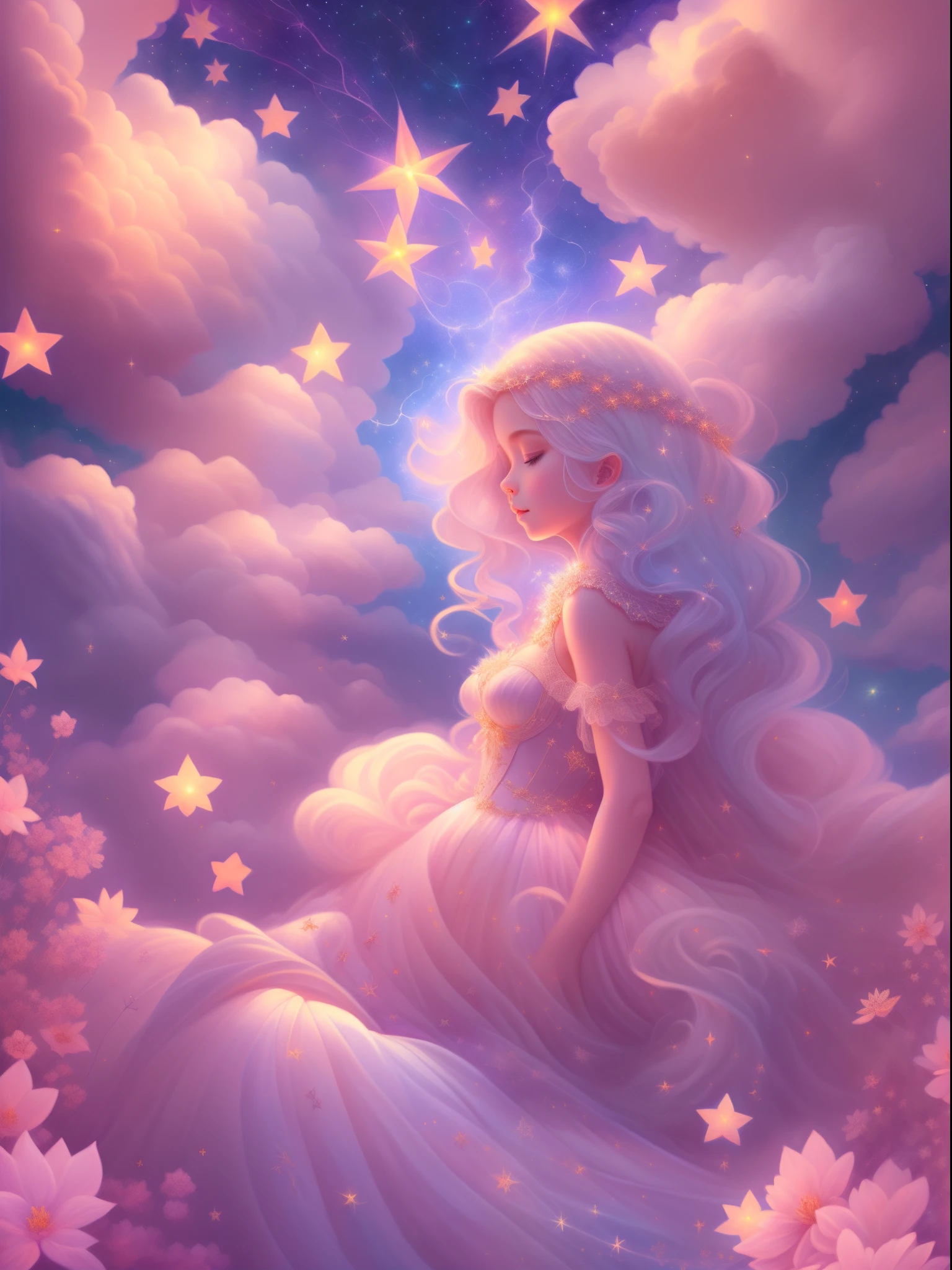 (Best quality,4K,8K,A high resolution,tmasterpiece:1.2),ultra - detailed,(actual,realistically,realisticlying:1.37),Dreamy sky,Sleeping Beauty,Fluffy clouds,As estrelas,light colors hair,Bushy hair,strands,illuminations,fairy tale painting,Amazing artwork,Luminous illumination,Enchanting art,amazing art,inspiring art,magnificent work of art,beautiful light up