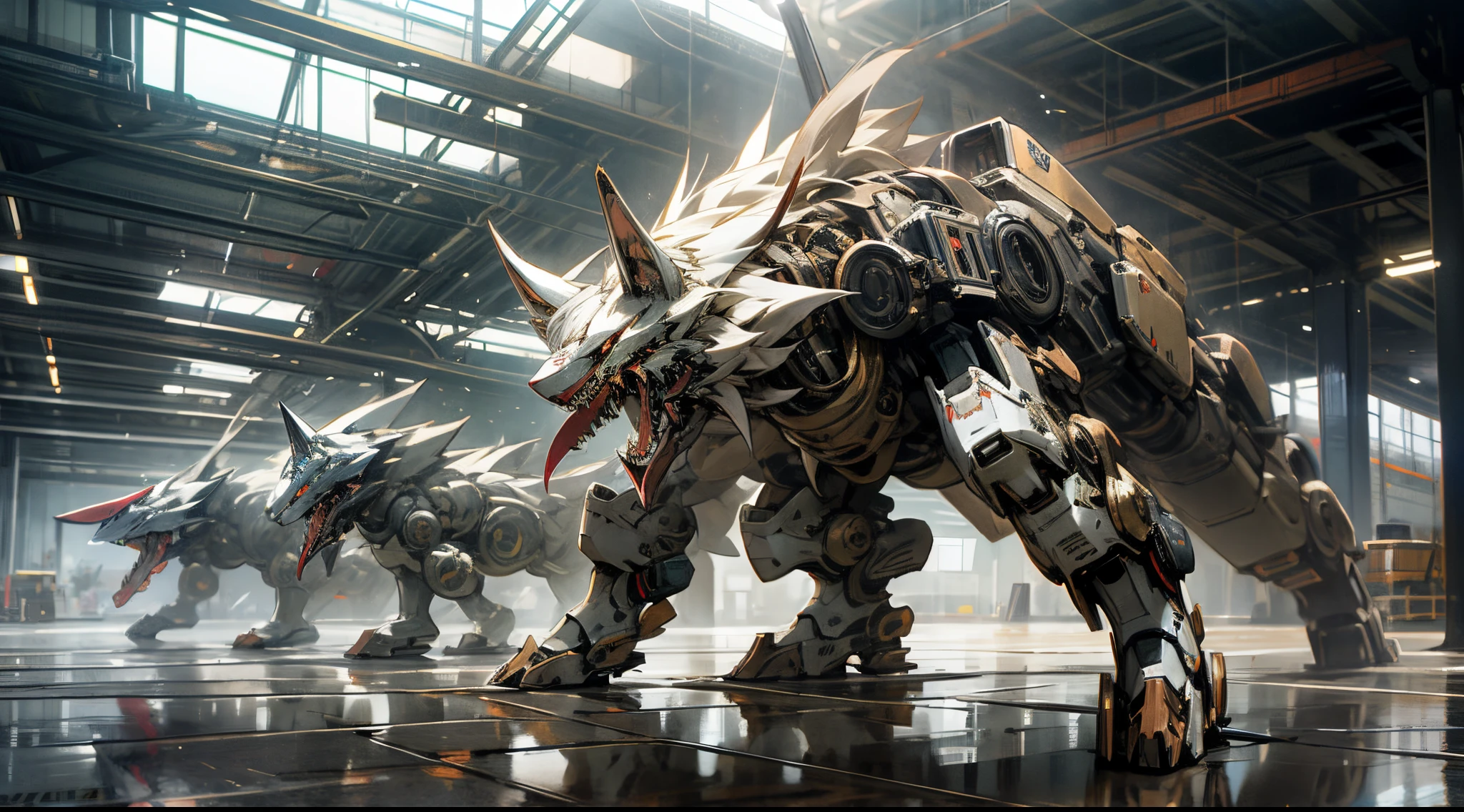 zoids machine　A White Wolf　Metal　No background　fighter taric guardian　machine saurus　Deities々Right　makina　quadrupedal walking　coyote　The whole body is reflected