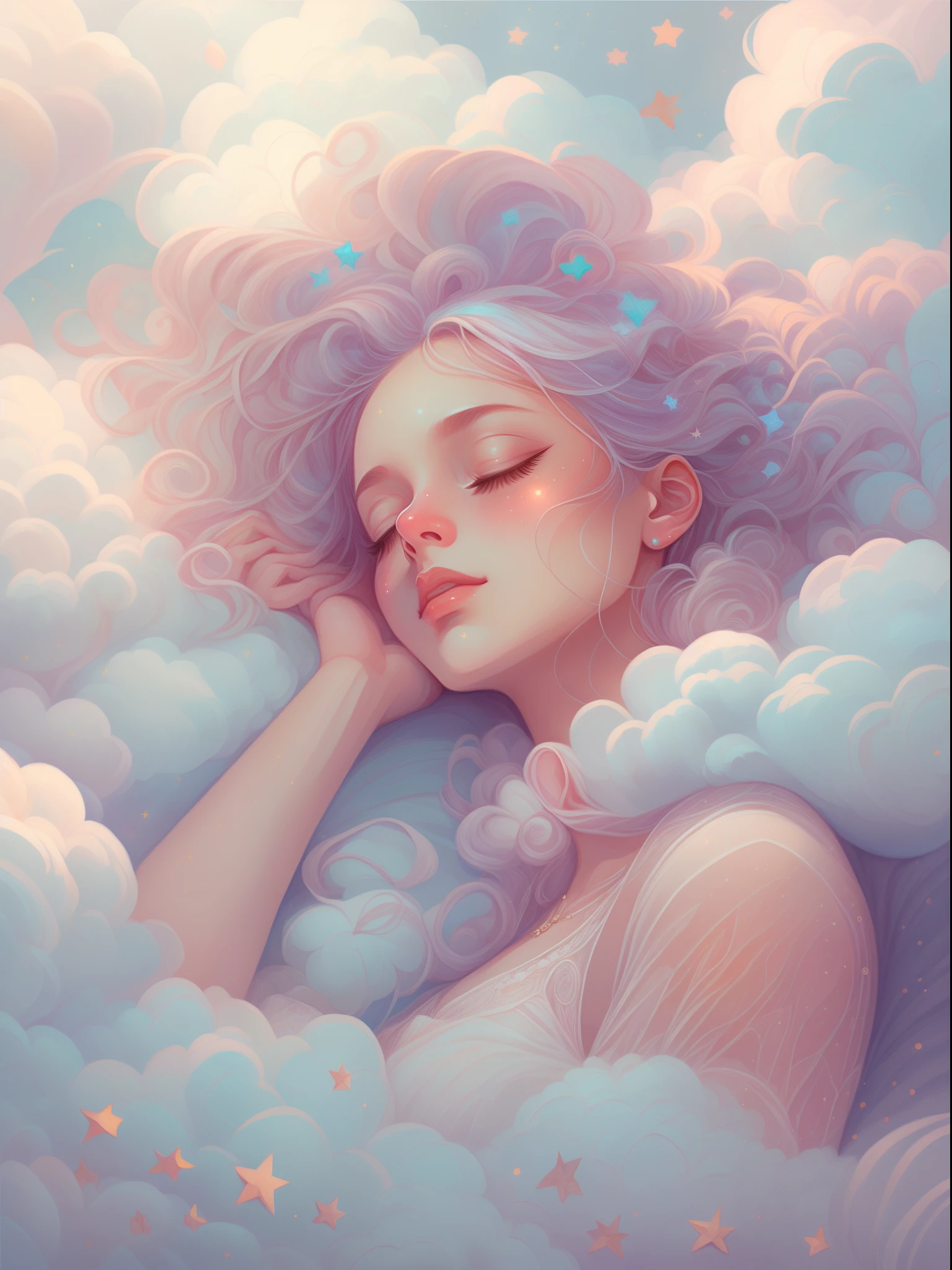 (Best quality,4K,8K,A high resolution,tmasterpiece:1.2),ultra - detailed,(actual,realistically,realisticlying:1.37),Dreamy sky,Sleeping Beauty,Fluffy clouds,As estrelas,light colors hair,Bushy hair,strands,illuminations,fairy tale painting,Amazing artwork,Luminous illumination,Enchanting art,amazing art,inspiring art,magnificent work of art,beautiful light up